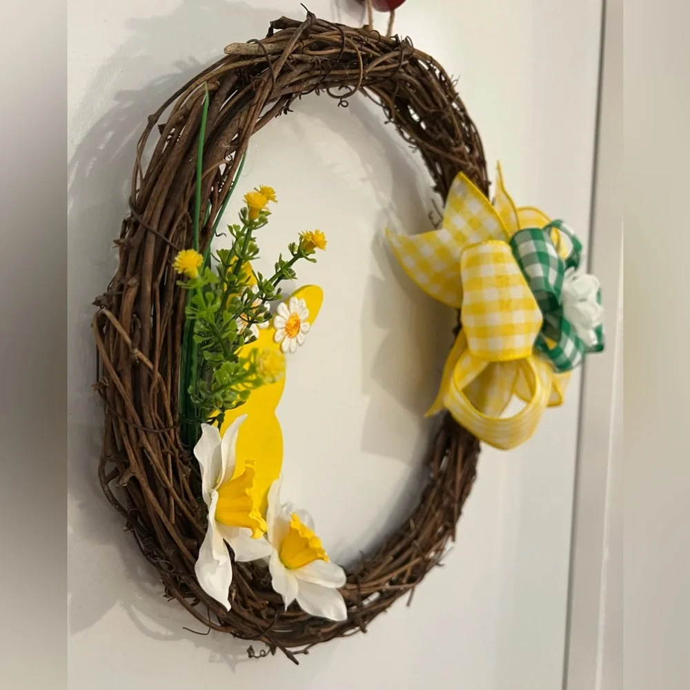 Hand Crafted Spring/Easter Wreath with Yellow and Green Flowers & Bow